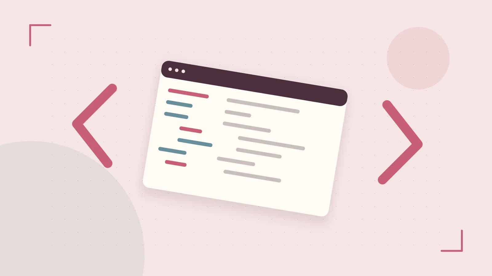 Editorial illustration of an abstract code editor, syntax blocks and oversized programming brackets