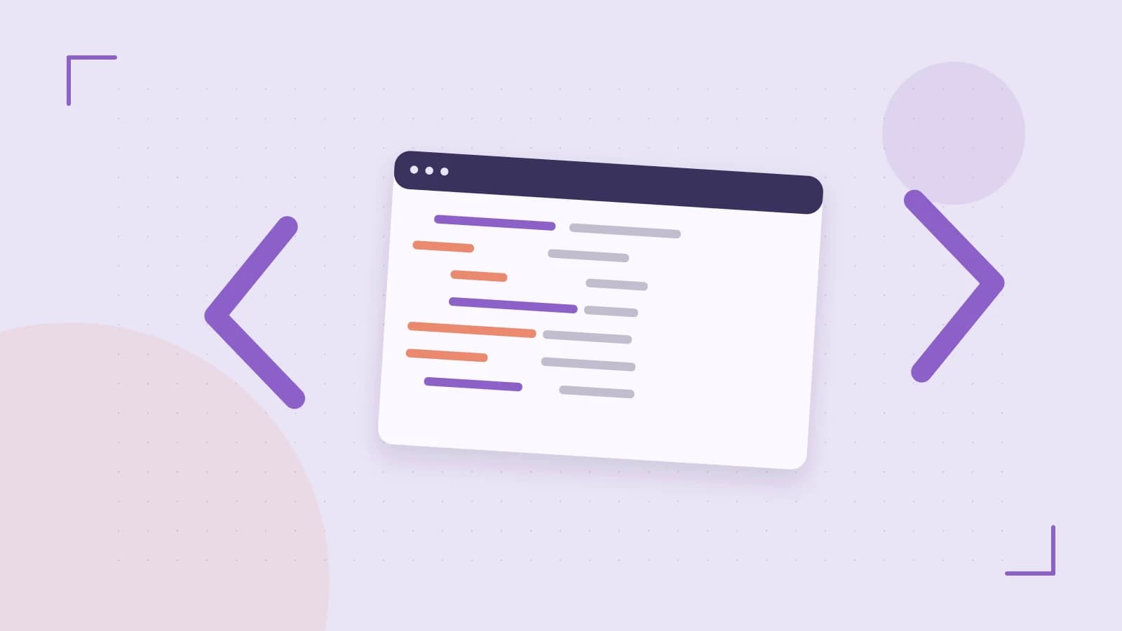Editorial illustration of an abstract code editor, syntax blocks and oversized programming brackets