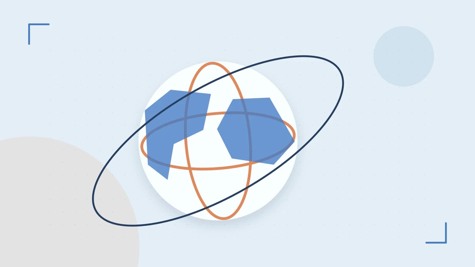 Editorial illustration of an editorial globe with meridians and layered geographic shapes