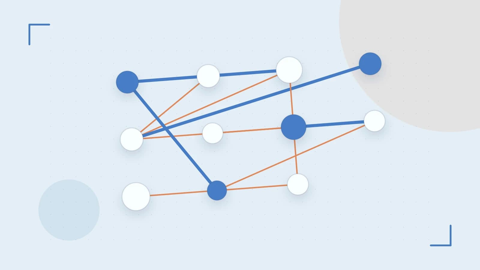 Editorial illustration of an algorithmic node graph with branching paths and a highlighted result