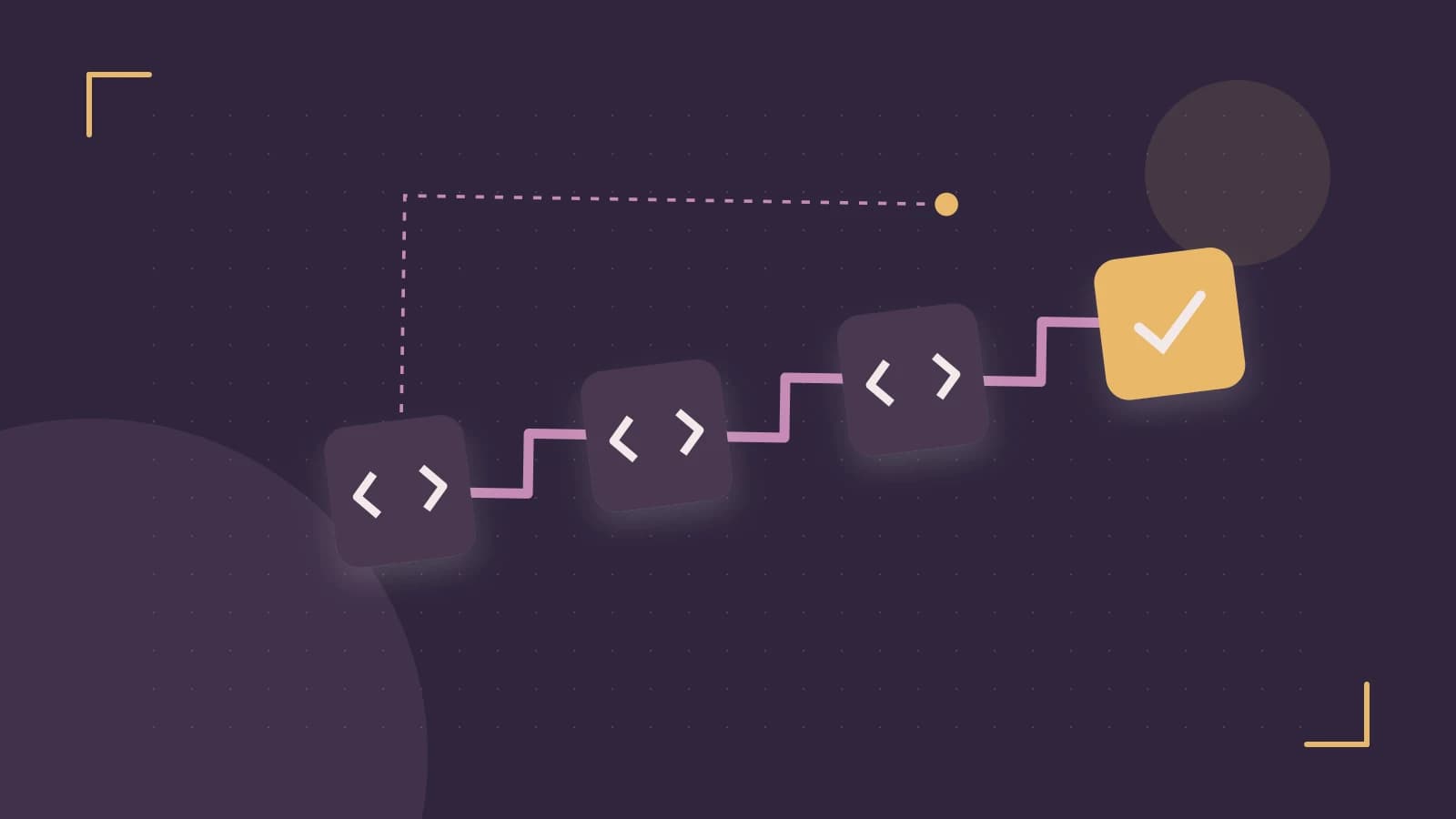 Editorial illustration of a branching build pipeline, staged transformations and a completed check