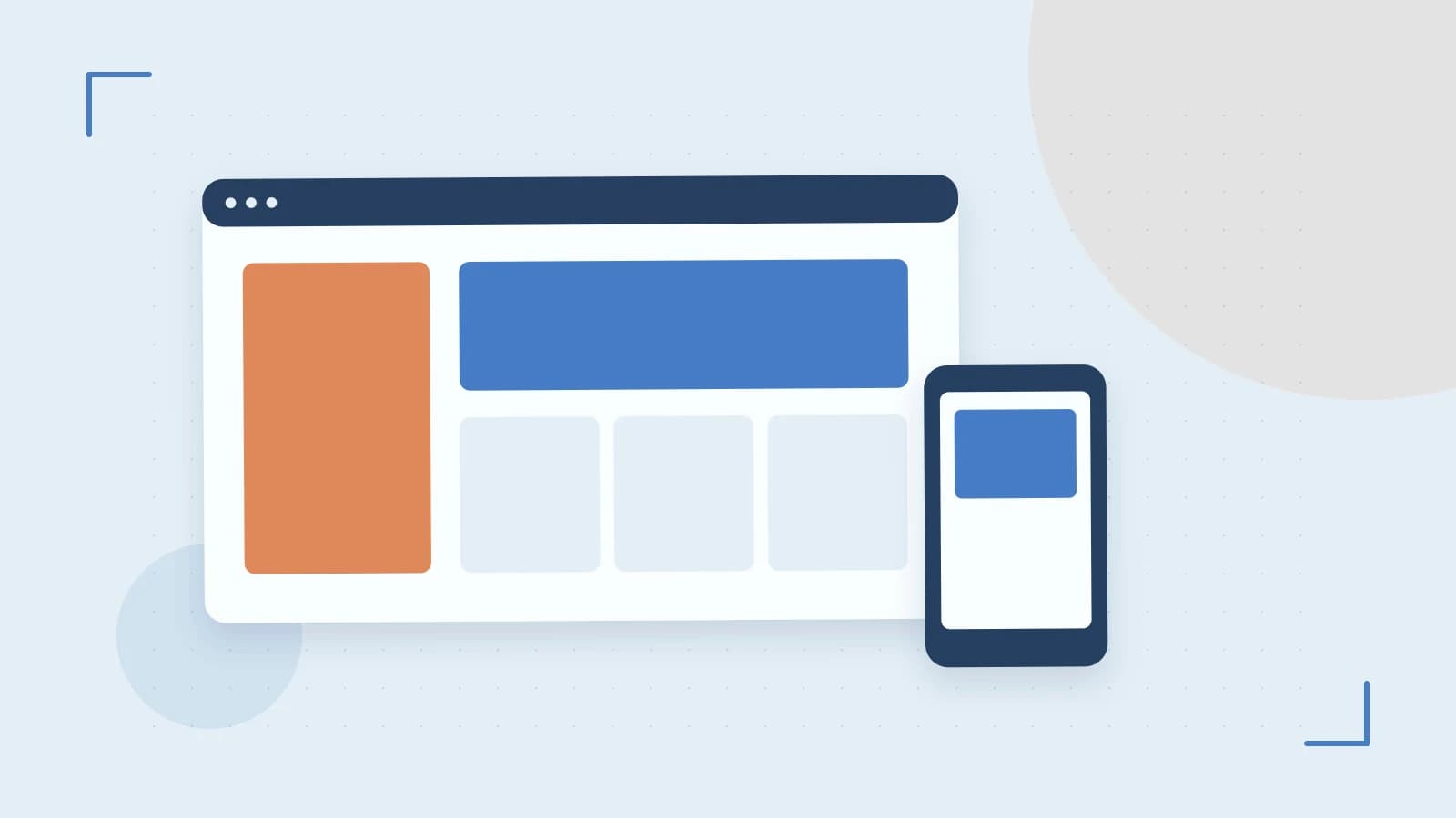 Editorial illustration of responsive browser layouts, overlapping design components and a color system