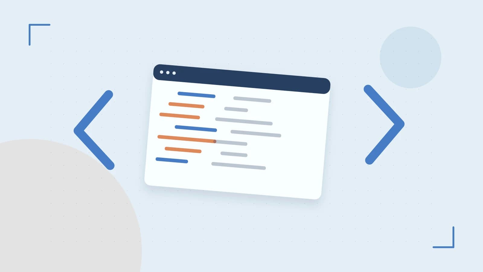 Editorial illustration of an abstract code editor, syntax blocks and oversized programming brackets