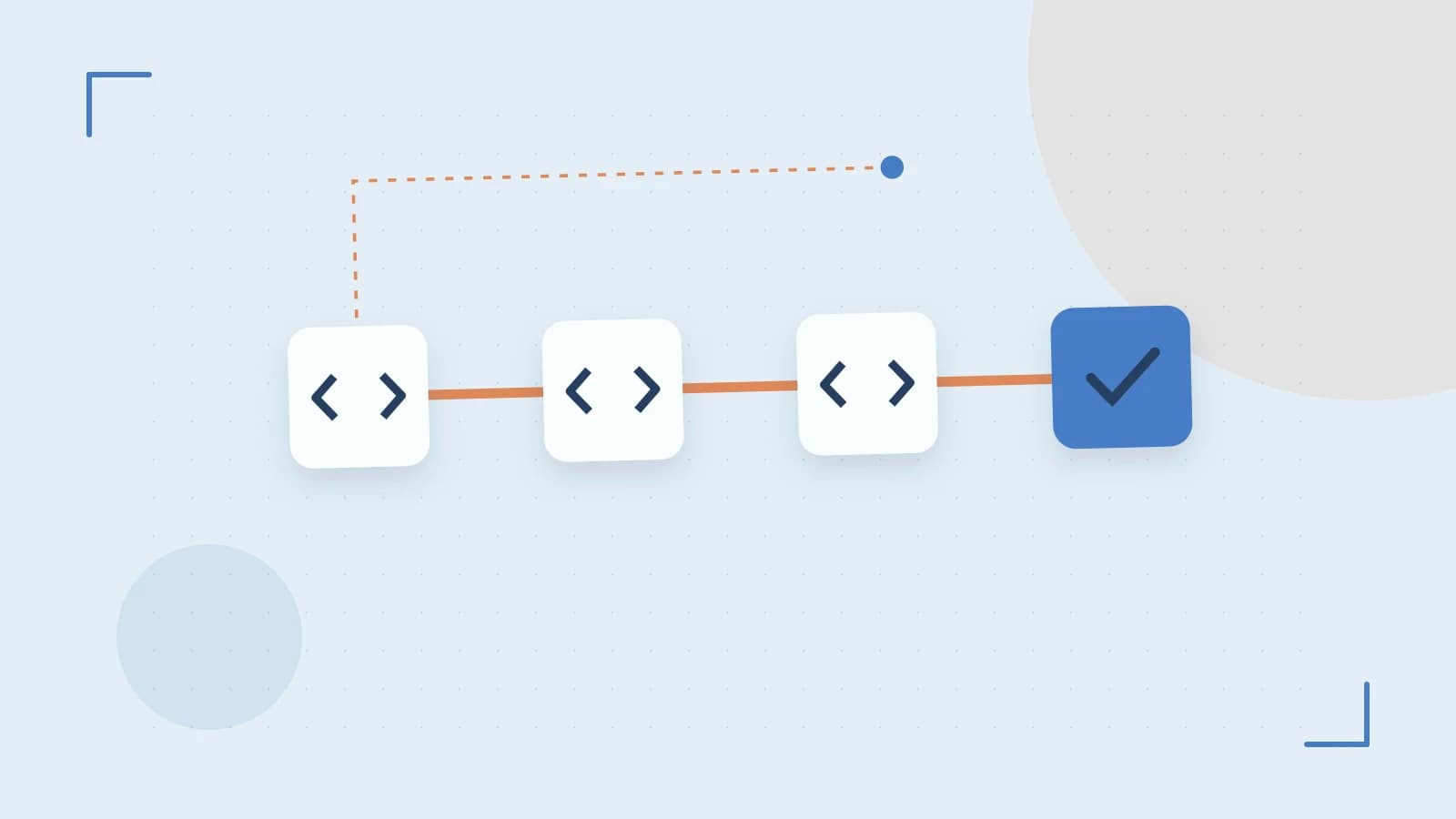 Editorial illustration of a branching build pipeline, staged transformations and a completed check