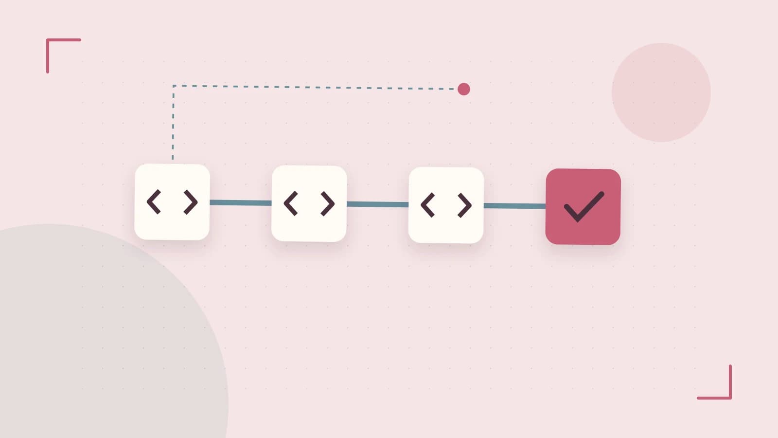 Editorial illustration of a branching build pipeline, staged transformations and a completed check