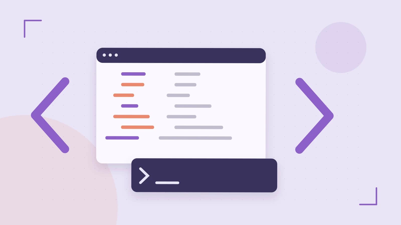Editorial illustration of an abstract code editor, syntax blocks and oversized programming brackets