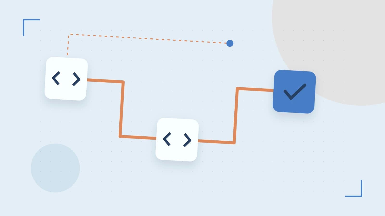 Editorial illustration of a branching build pipeline, staged transformations and a completed check