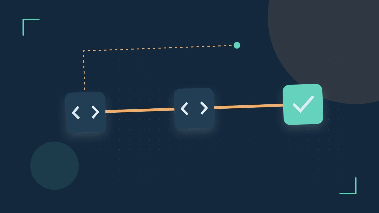 Editorial illustration of a branching build pipeline, staged transformations and a completed check
