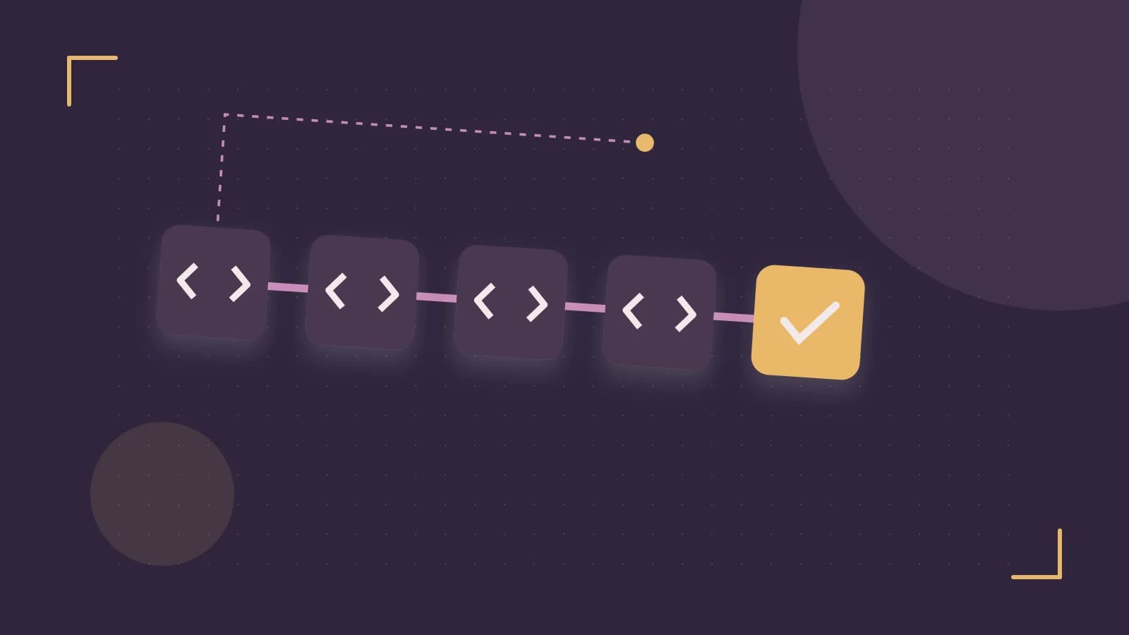 Editorial illustration of a branching build pipeline, staged transformations and a completed check