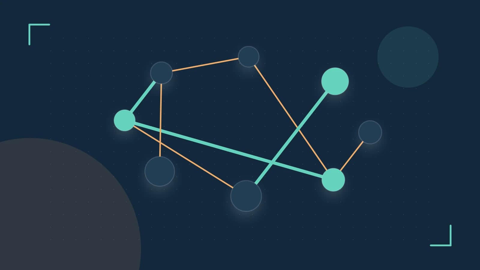 Editorial illustration of an algorithmic node graph with branching paths and a highlighted result