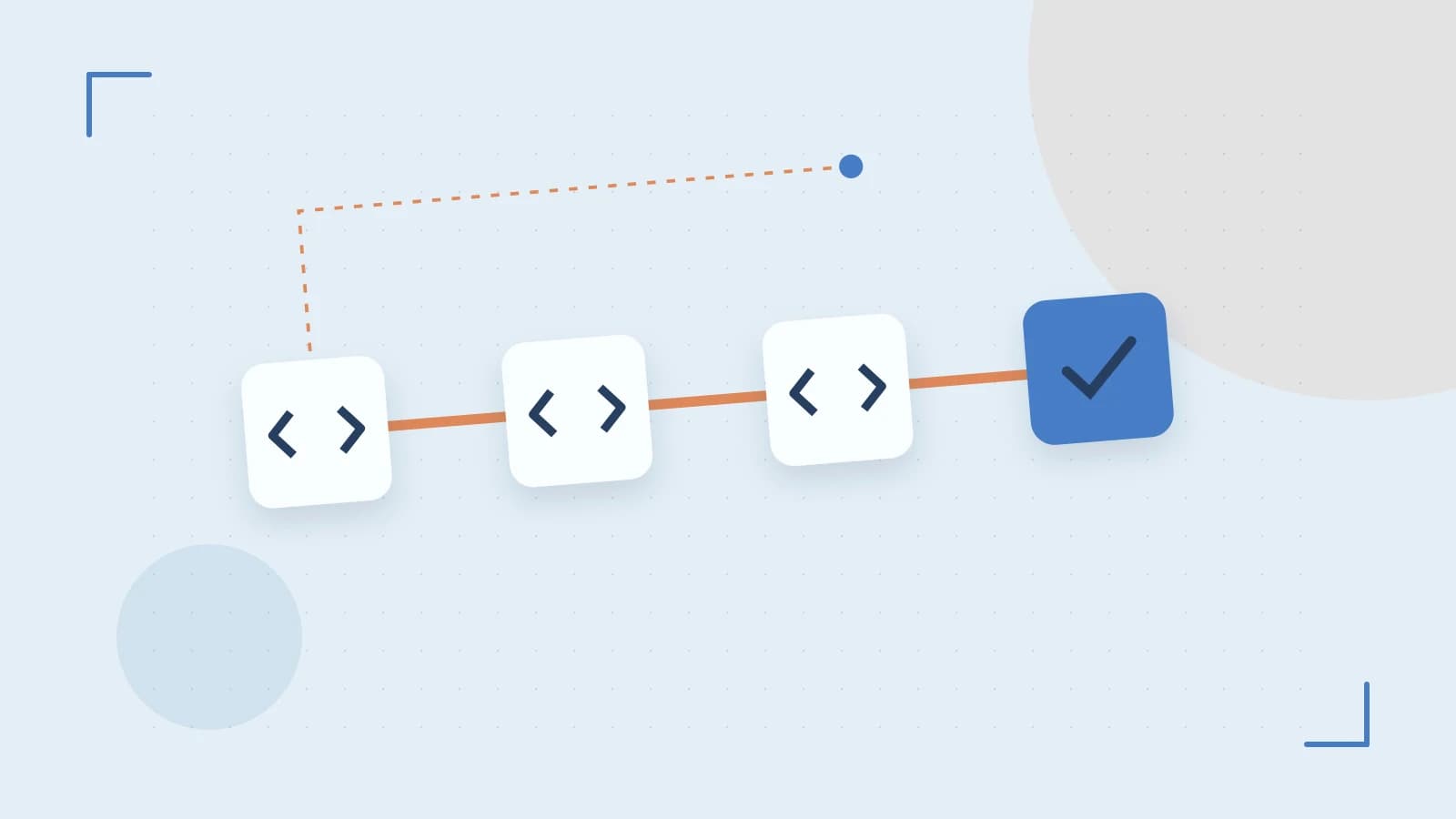 Editorial illustration of a branching build pipeline, staged transformations and a completed check