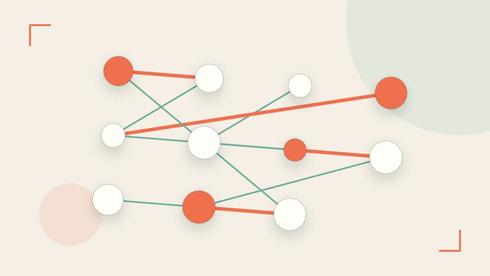 Editorial illustration of an algorithmic node graph with branching paths and a highlighted result