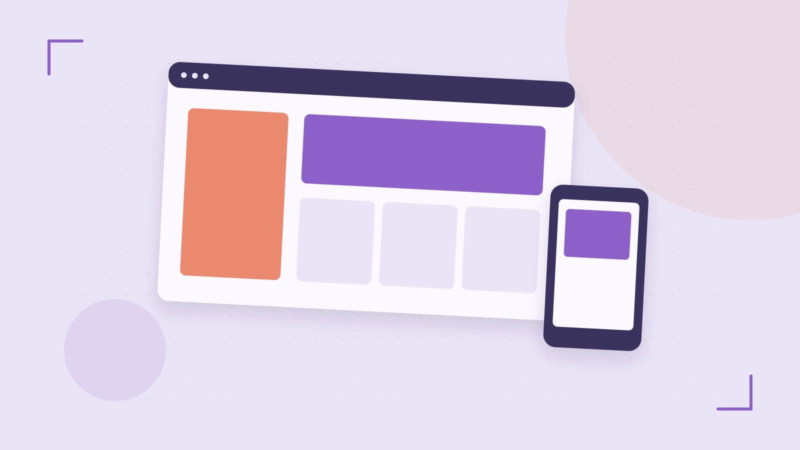 Editorial illustration of responsive browser layouts, overlapping design components and a color system