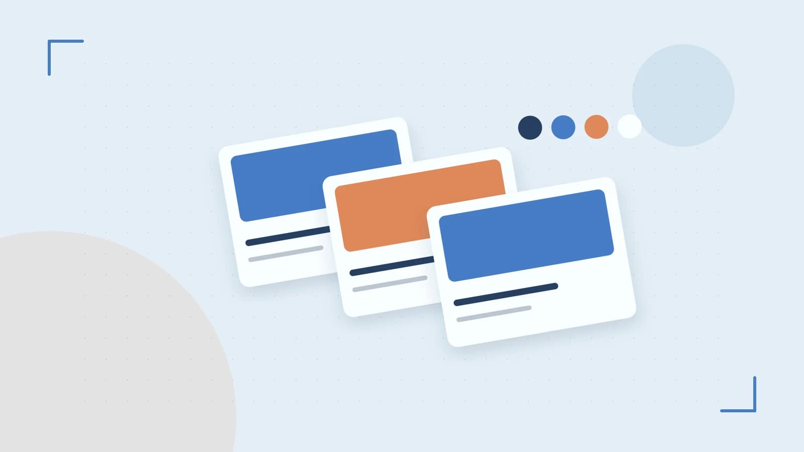 Editorial illustration of responsive browser layouts, overlapping design components and a color system