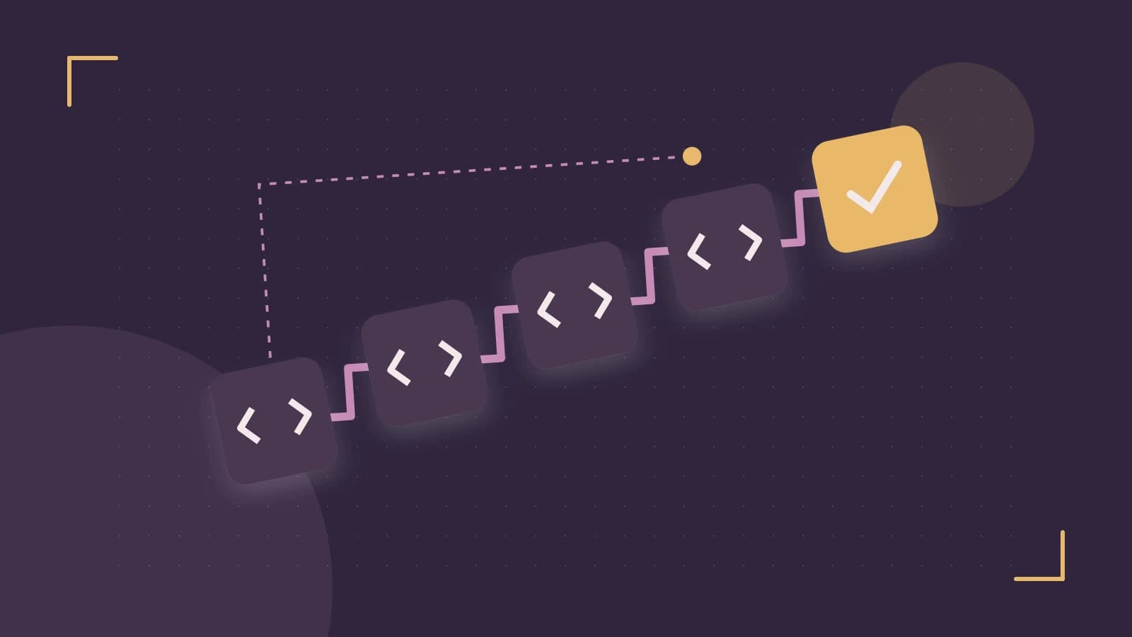 Editorial illustration of a branching build pipeline, staged transformations and a completed check