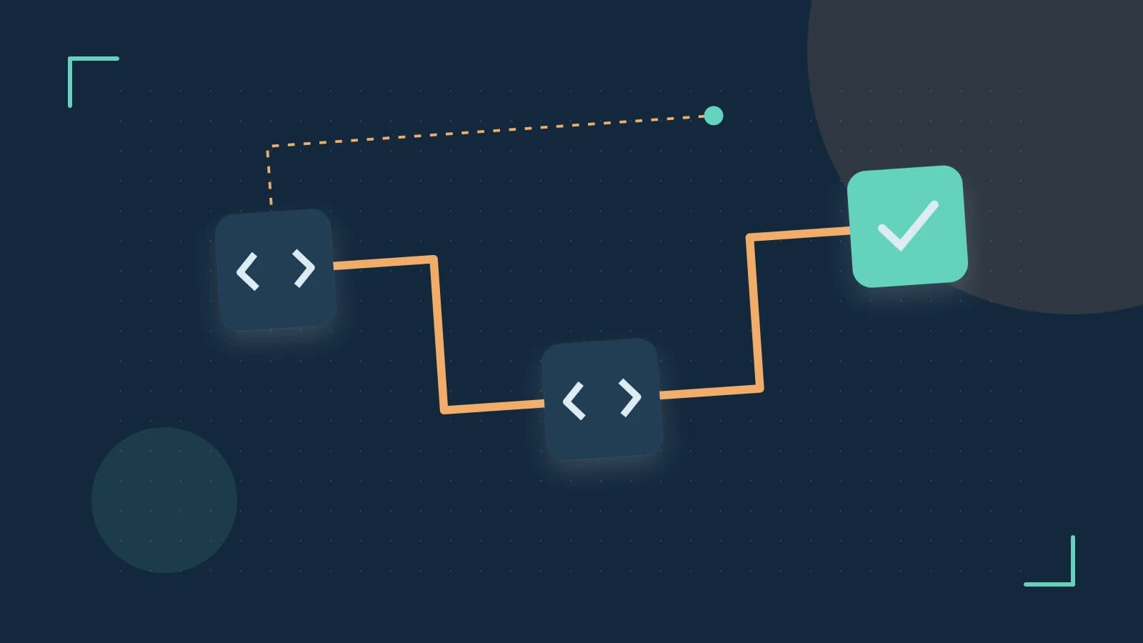 Editorial illustration of a branching build pipeline, staged transformations and a completed check