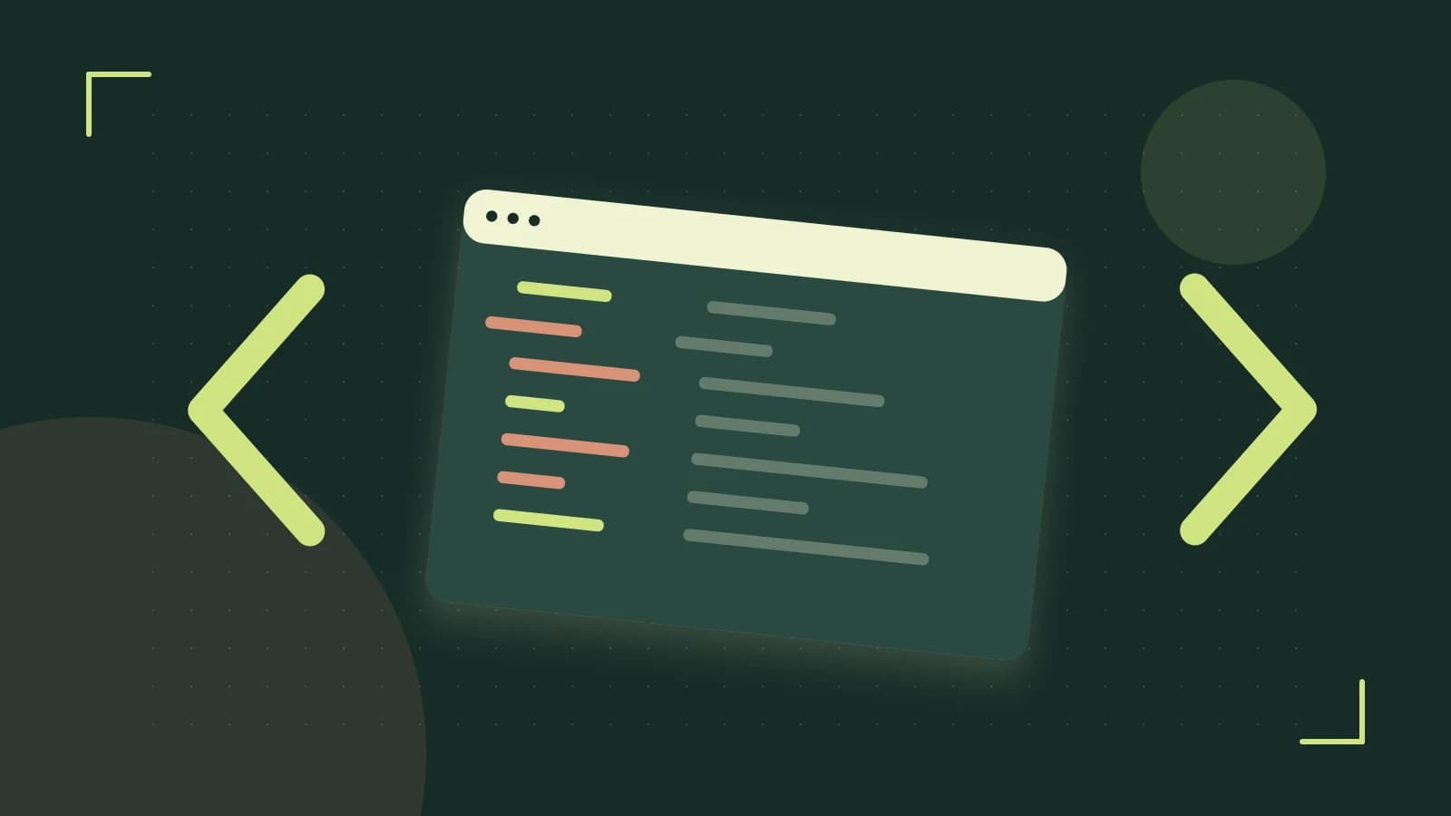 Editorial illustration of an abstract code editor, syntax blocks and oversized programming brackets