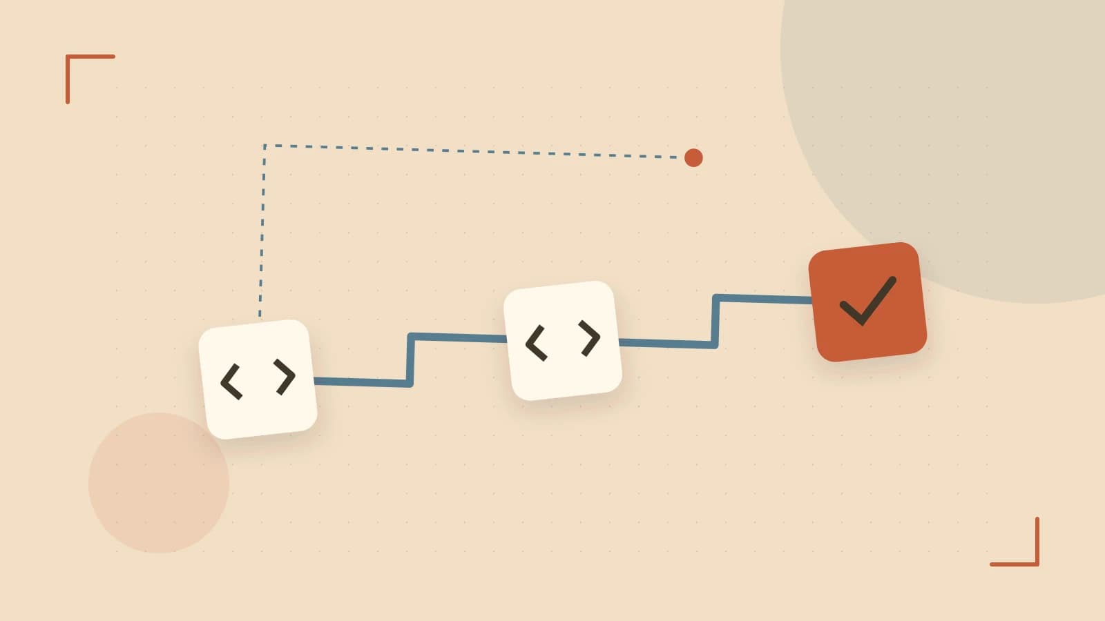 Editorial illustration of a branching build pipeline, staged transformations and a completed check