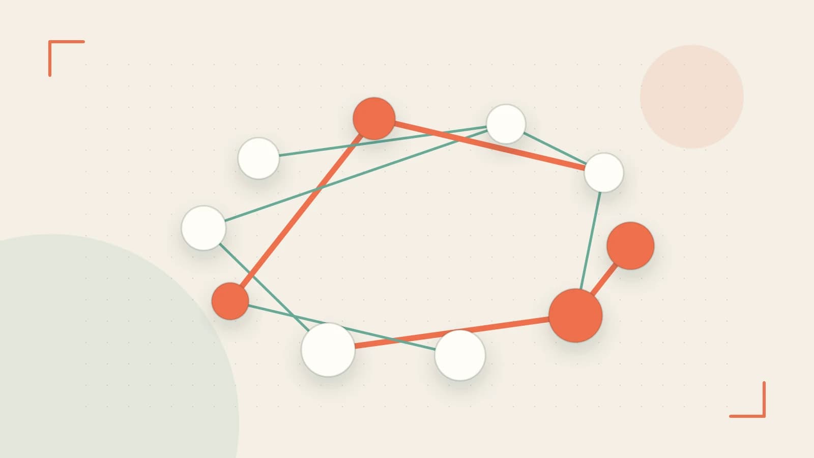 Editorial illustration of an algorithmic node graph with branching paths and a highlighted result