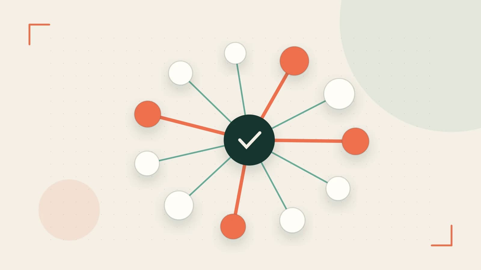 Editorial illustration of an algorithmic node graph with branching paths and a highlighted result
