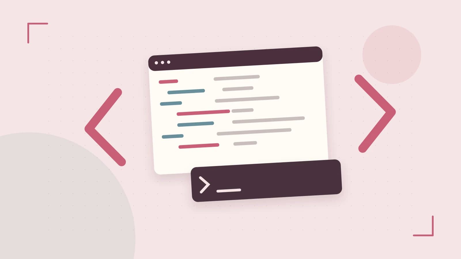 Editorial illustration of an abstract code editor, syntax blocks and oversized programming brackets