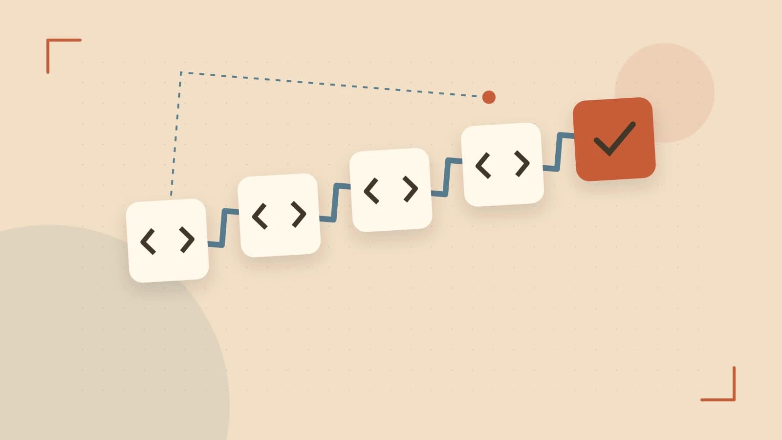 Editorial illustration of a branching build pipeline, staged transformations and a completed check