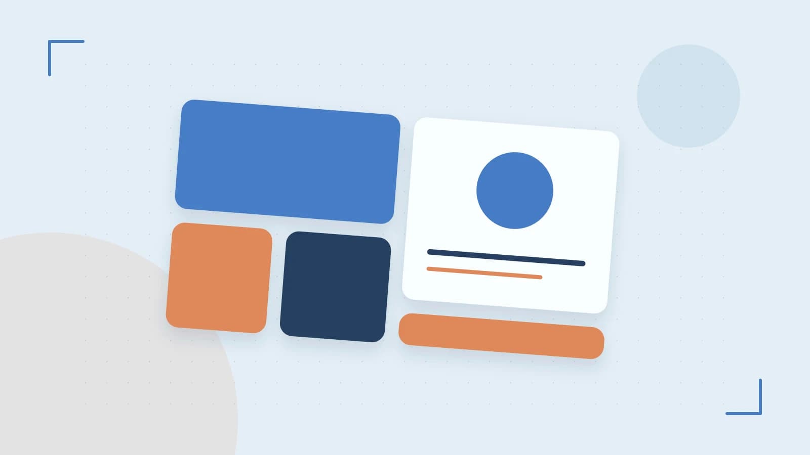 Editorial illustration of responsive browser layouts, overlapping design components and a color system