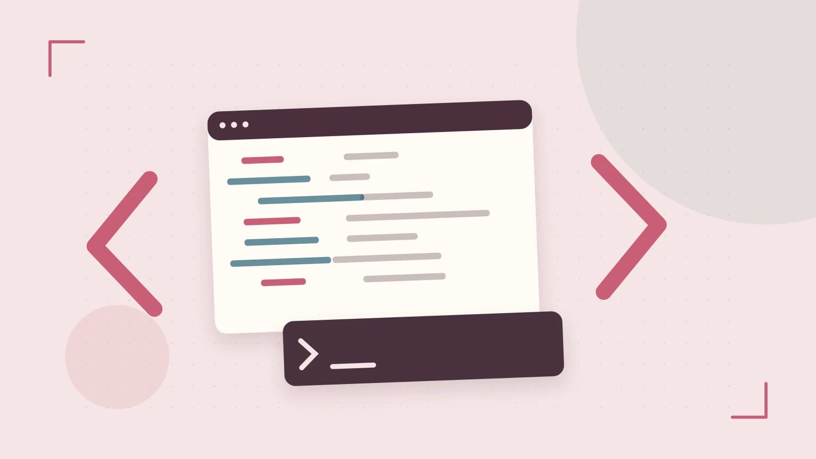 Editorial illustration of an abstract code editor, syntax blocks and oversized programming brackets