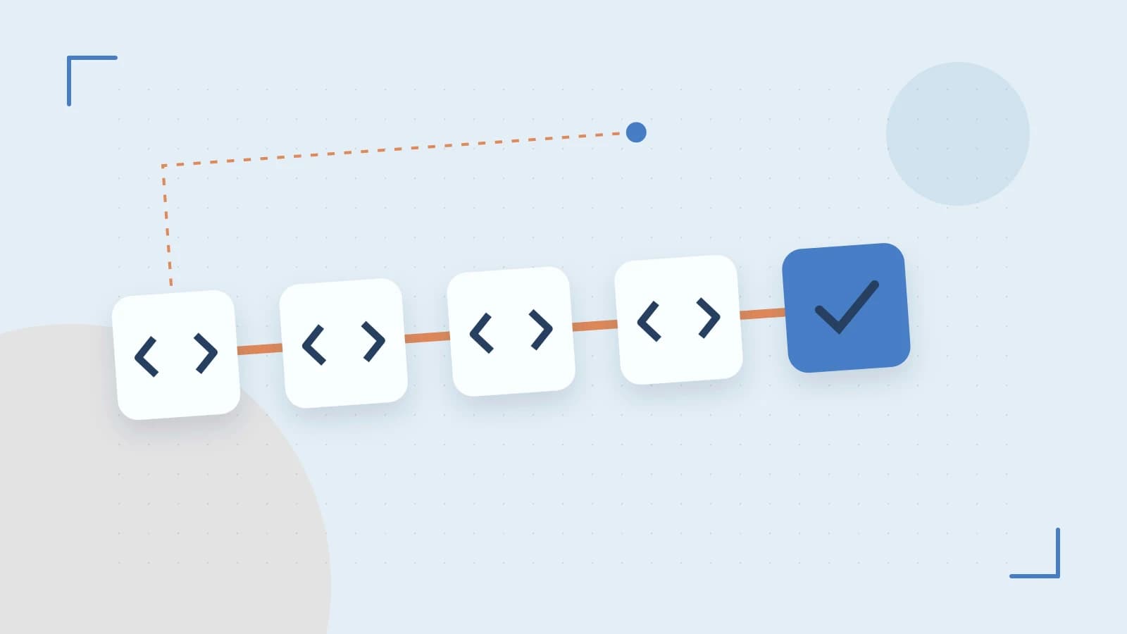 Editorial illustration of a branching build pipeline, staged transformations and a completed check
