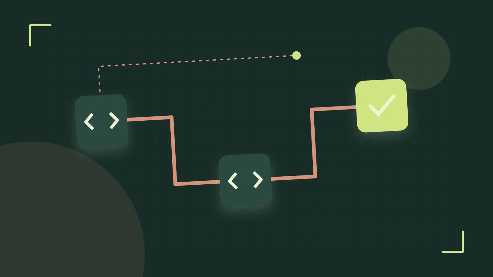 Editorial illustration of a branching build pipeline, staged transformations and a completed check