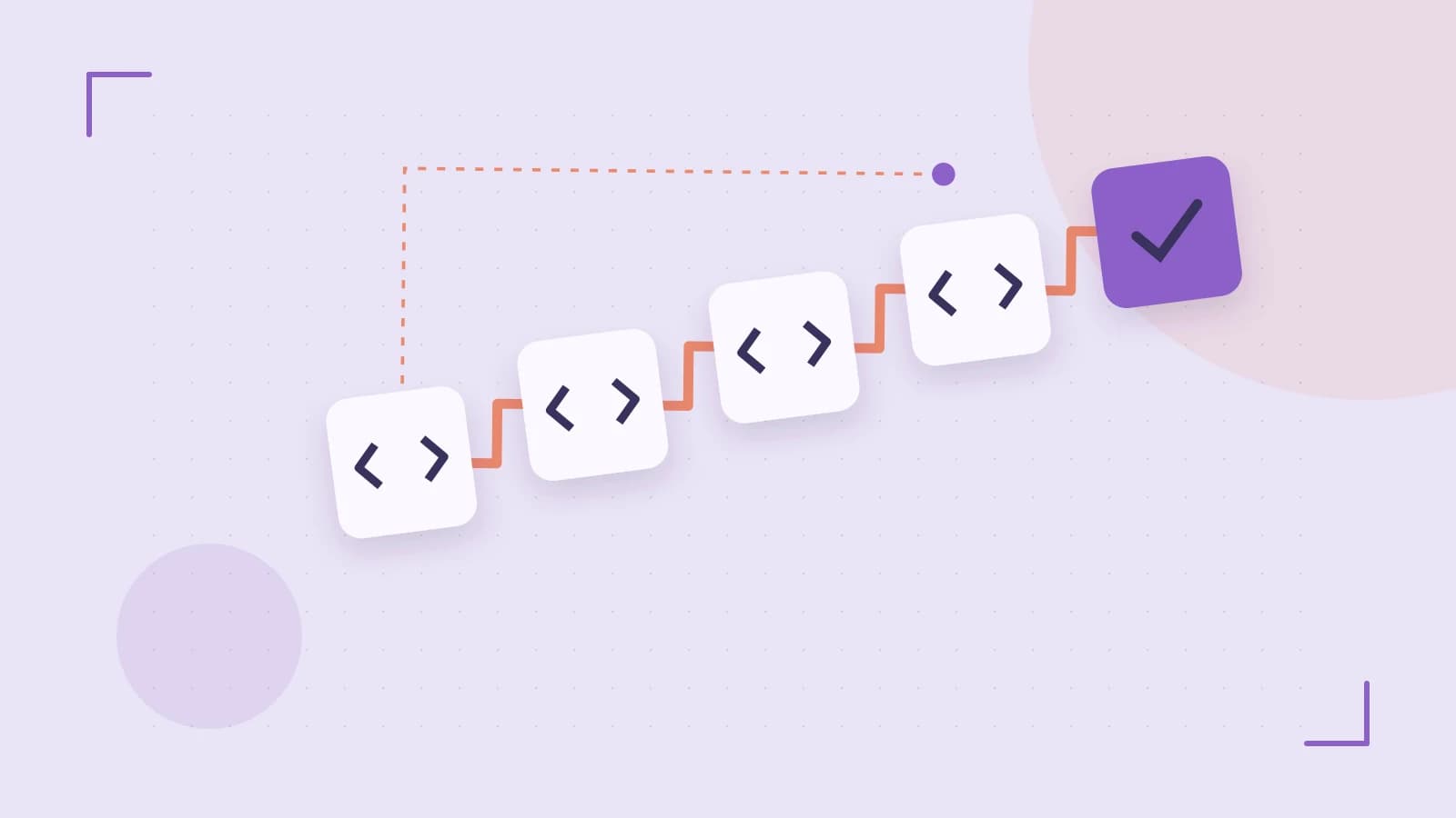 Editorial illustration of a branching build pipeline, staged transformations and a completed check