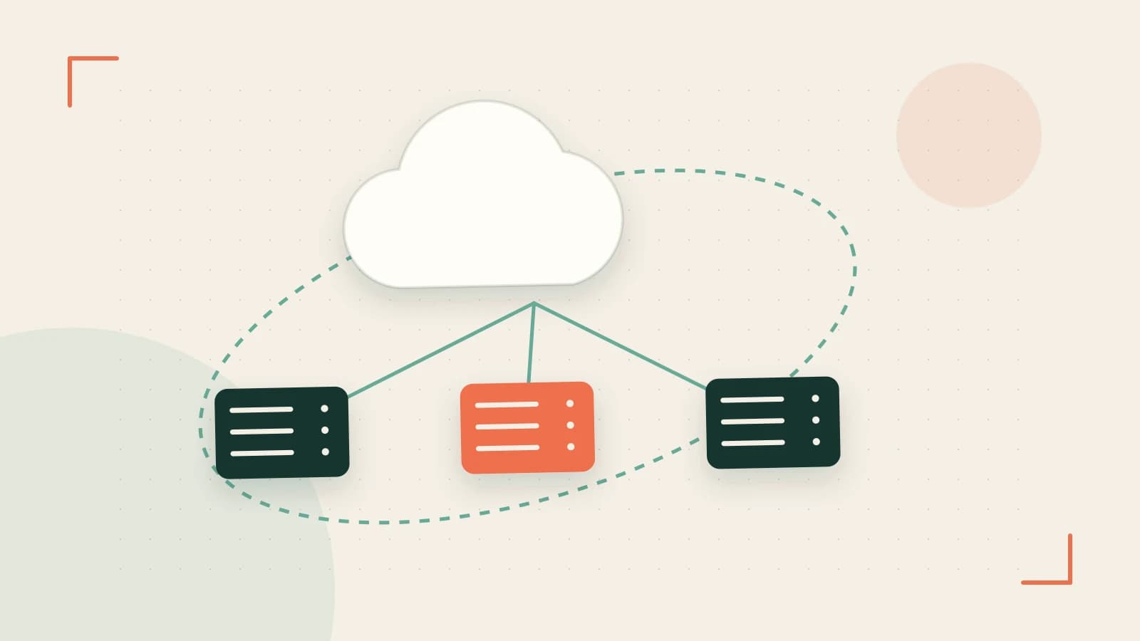 Editorial illustration of cloud infrastructure, connected server racks and an orbital service map
