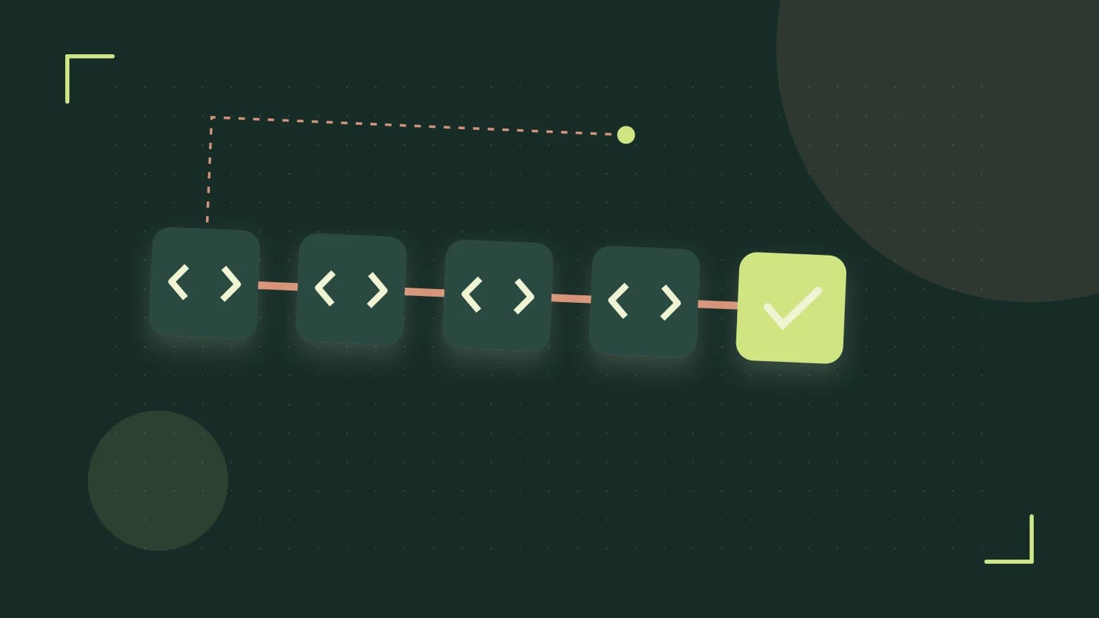 Editorial illustration of a branching build pipeline, staged transformations and a completed check