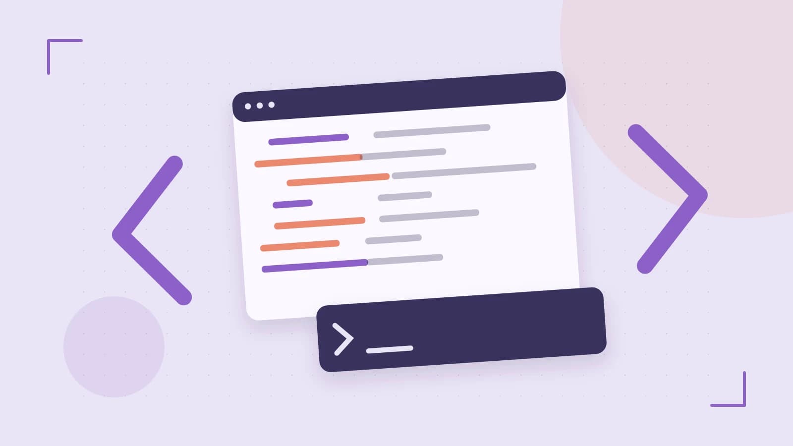 Editorial illustration of an abstract code editor, syntax blocks and oversized programming brackets