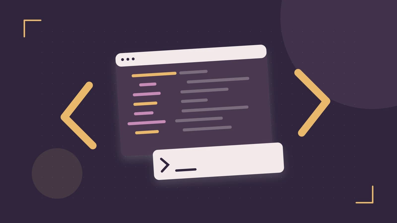Editorial illustration of an abstract code editor, syntax blocks and oversized programming brackets