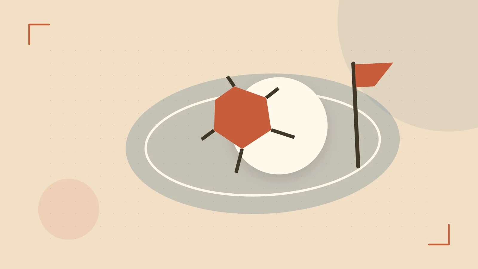 Editorial illustration of a stylized sports ball, stadium geometry and dynamic arcs