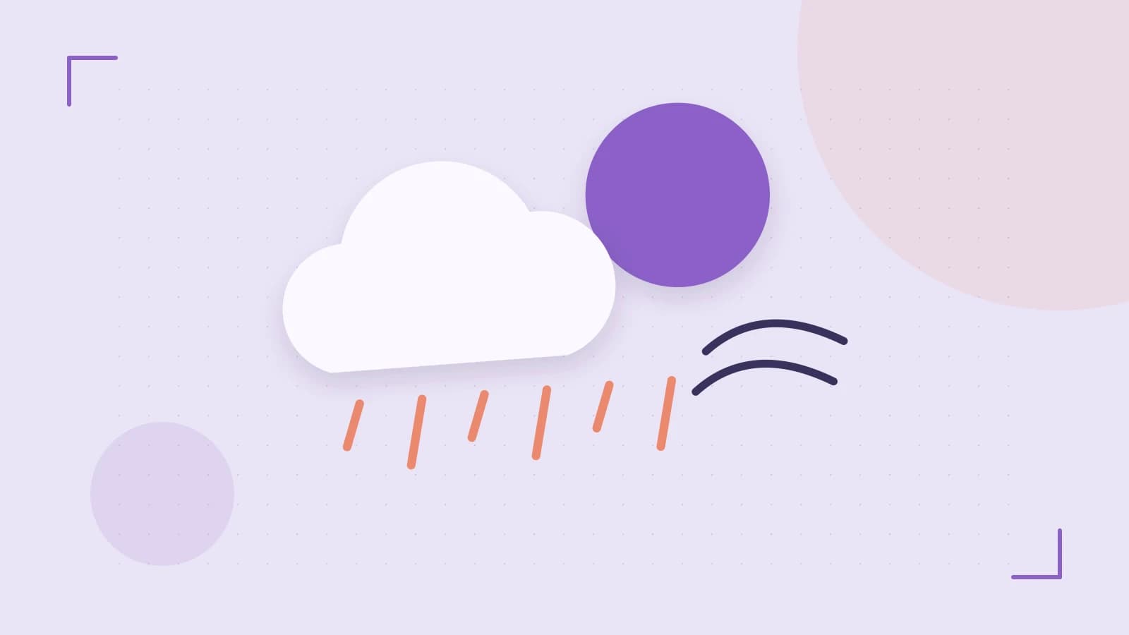 Editorial illustration of a sun, layered clouds, raindrops and flowing weather patterns