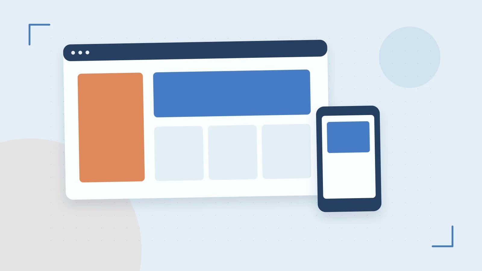 Editorial illustration of responsive browser layouts, overlapping design components and a color system