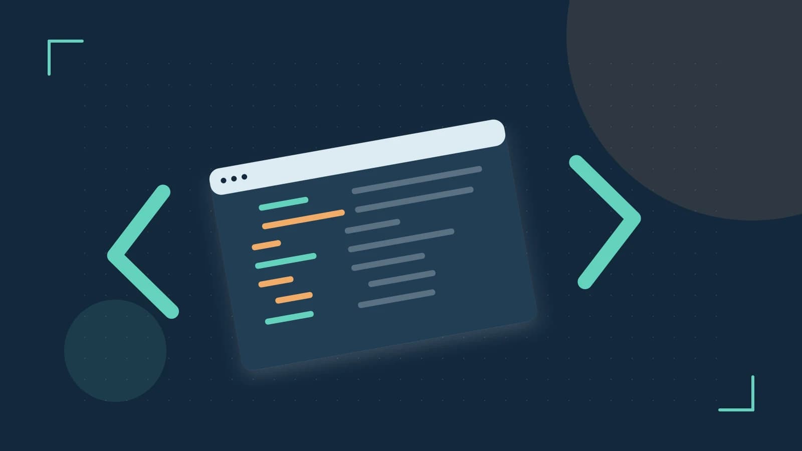 Editorial illustration of an abstract code editor, syntax blocks and oversized programming brackets