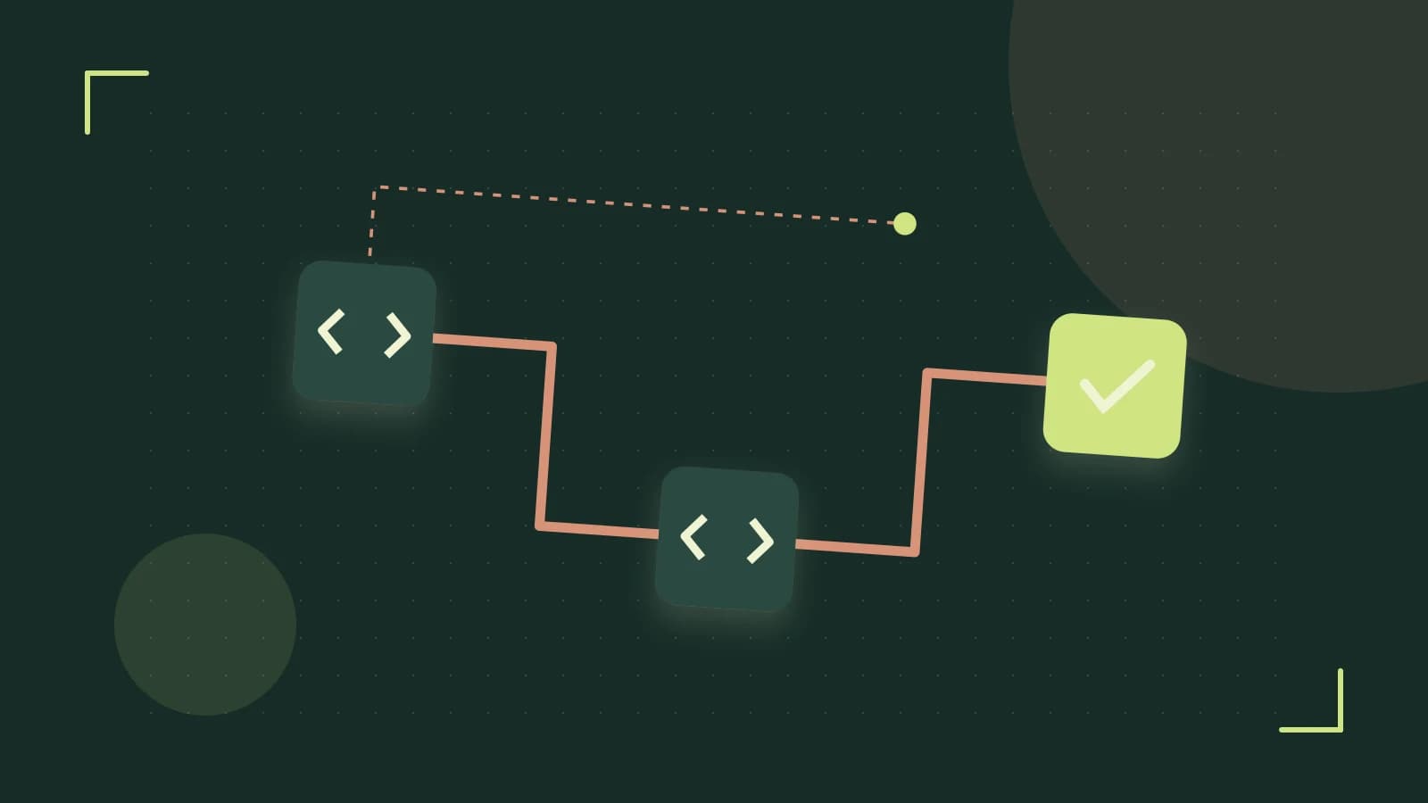 Editorial illustration of a branching build pipeline, staged transformations and a completed check