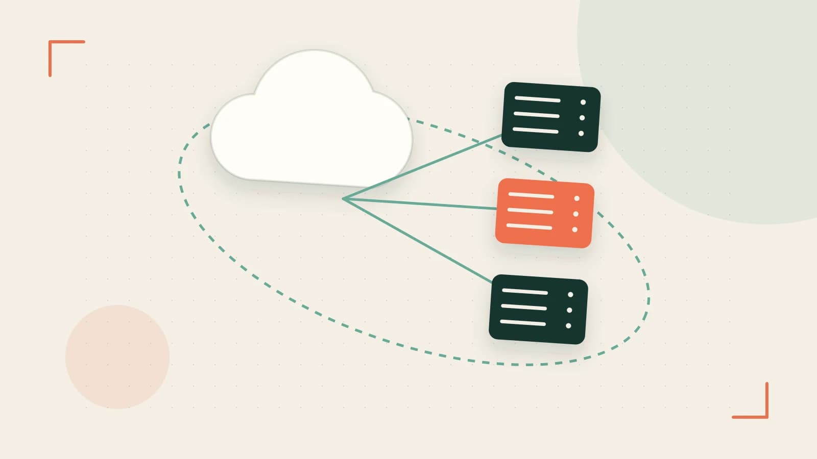 Editorial illustration of cloud infrastructure, connected server racks and an orbital service map