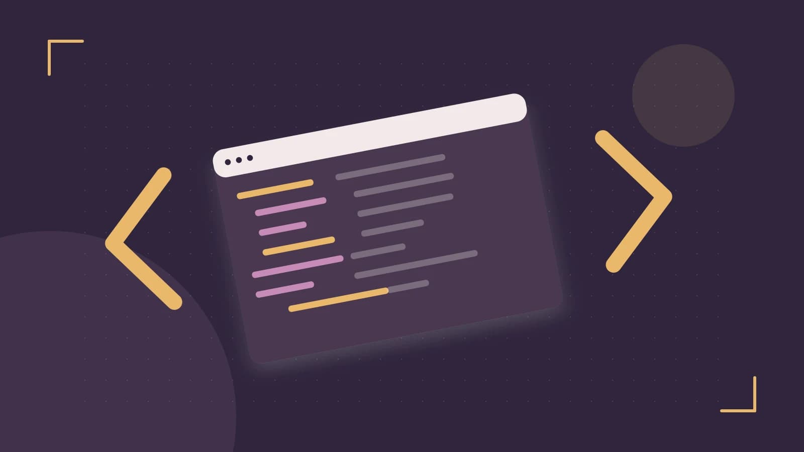 Editorial illustration of an abstract code editor, syntax blocks and oversized programming brackets