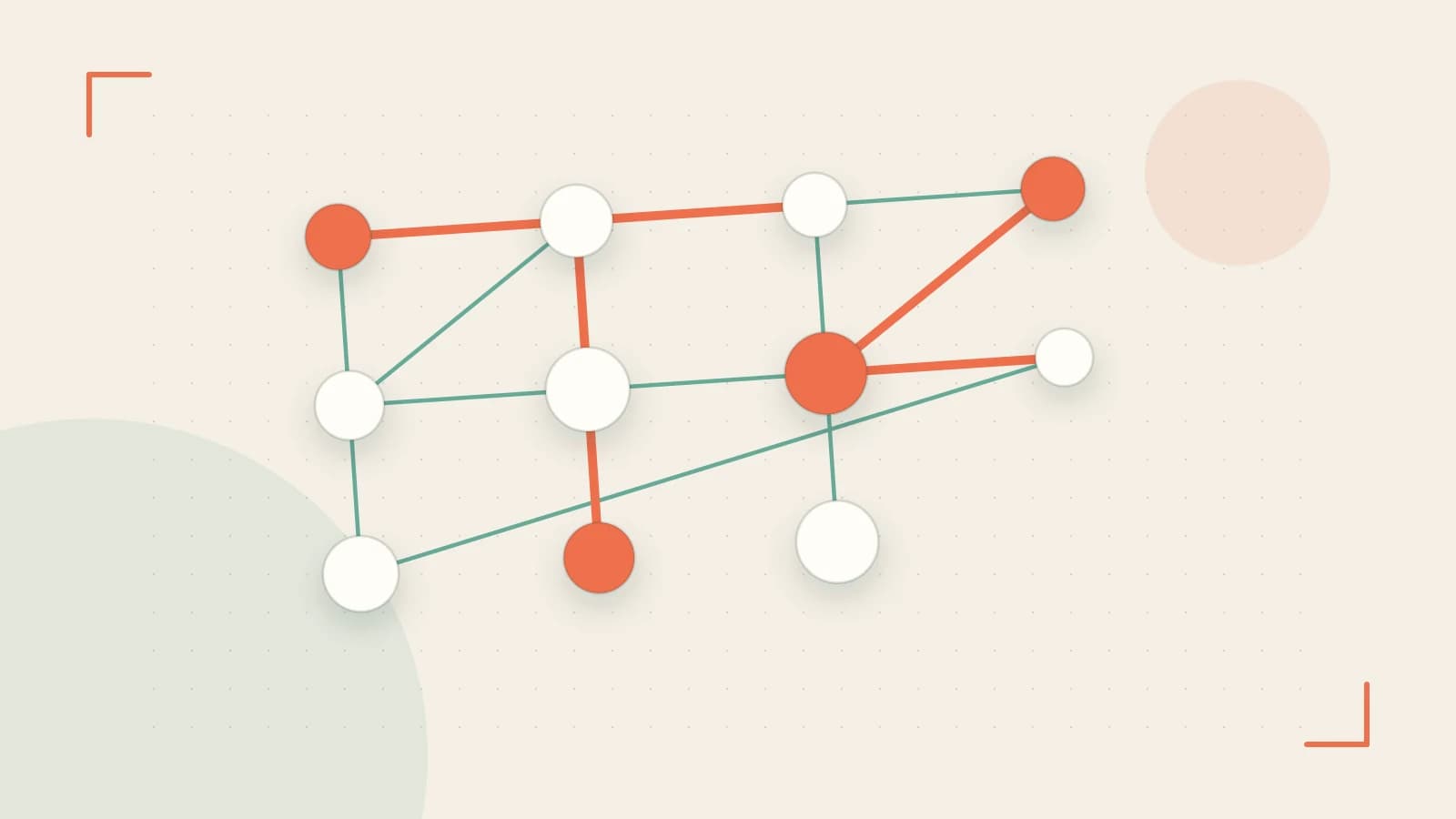 Editorial illustration of an algorithmic node graph with branching paths and a highlighted result