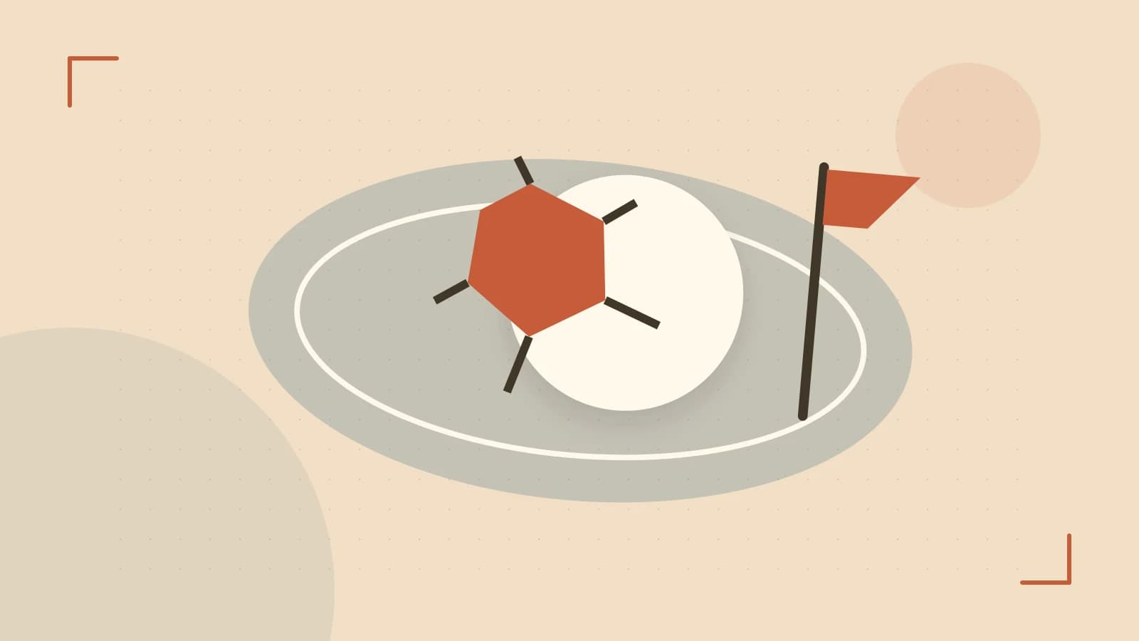 Editorial illustration of a stylized sports ball, stadium geometry and dynamic arcs