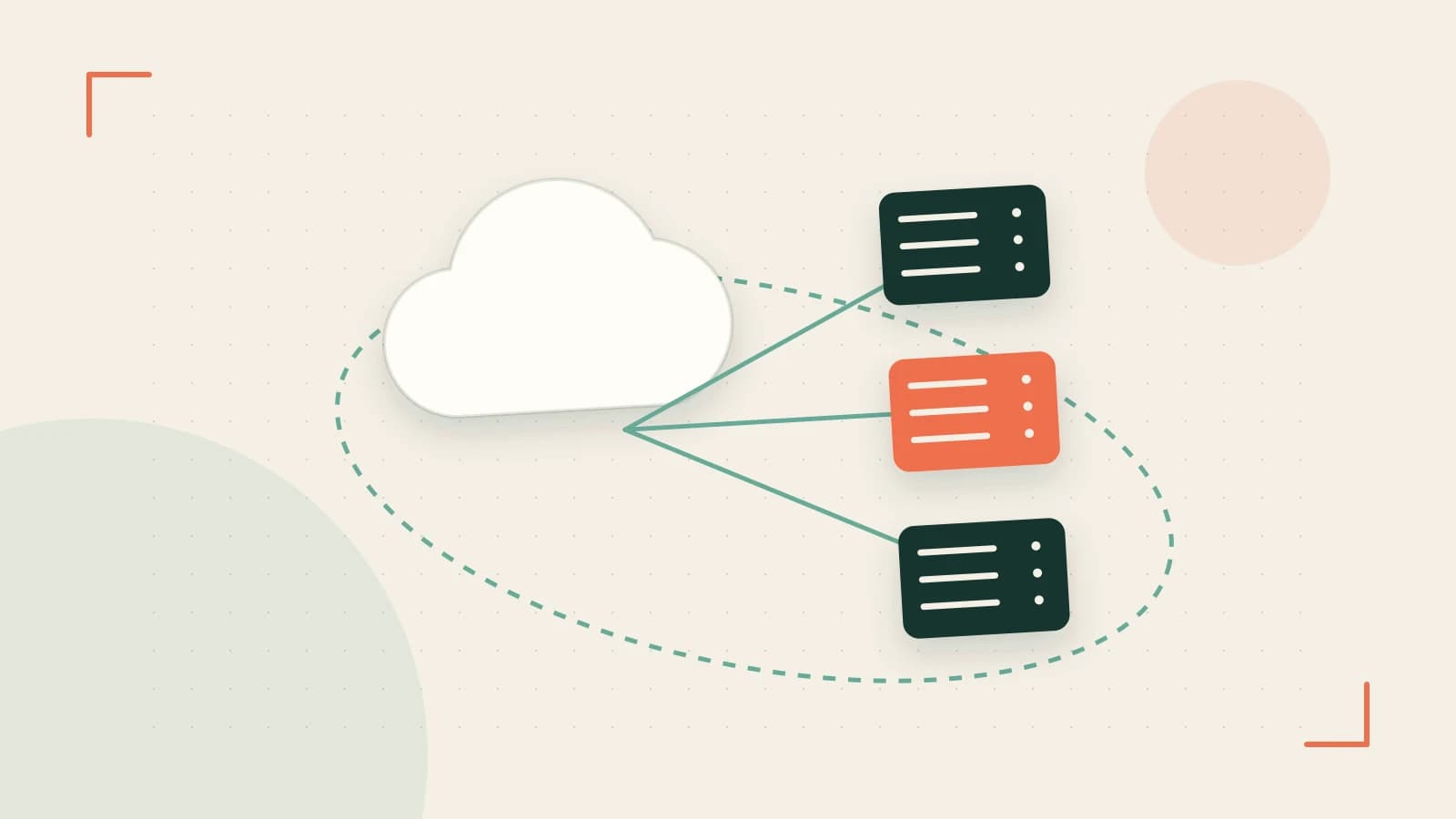 Editorial illustration of cloud infrastructure, connected server racks and an orbital service map
