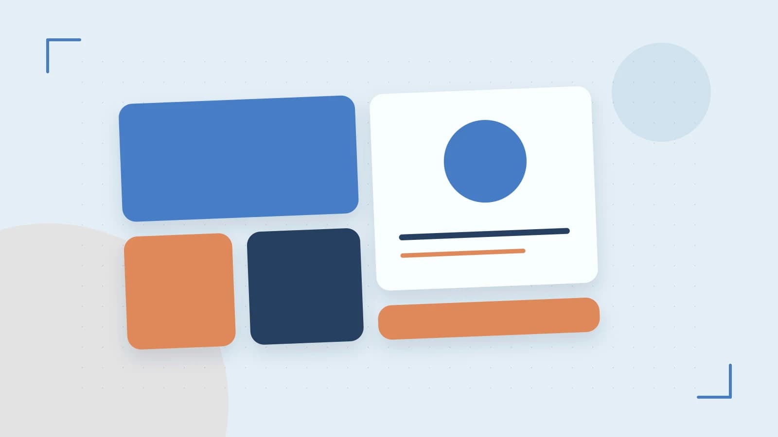 Editorial illustration of responsive browser layouts, overlapping design components and a color system