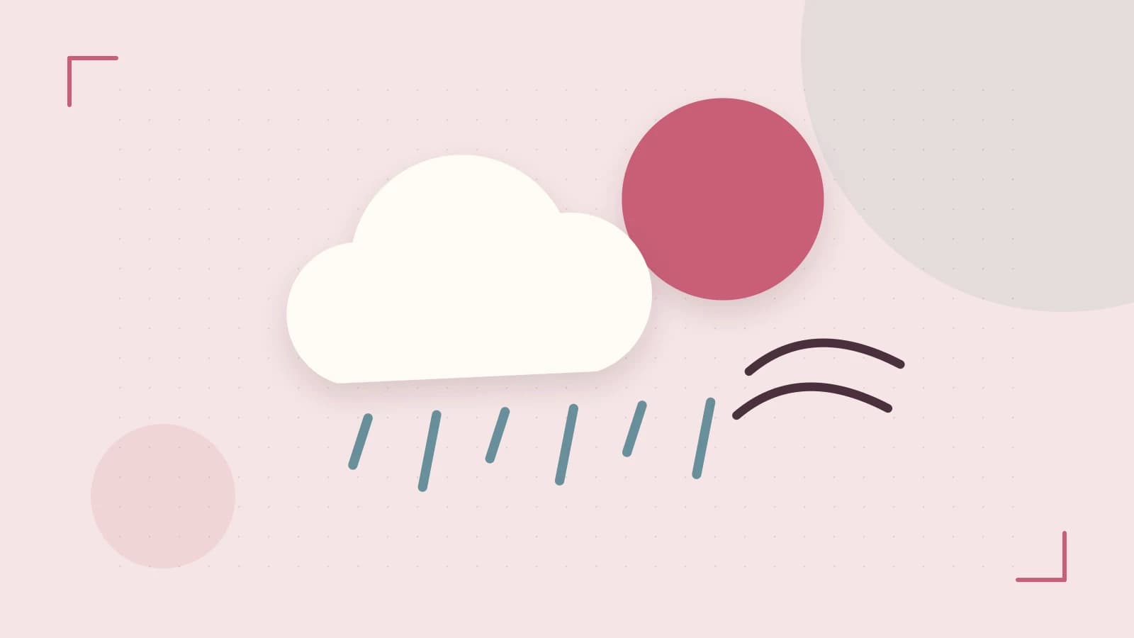 Editorial illustration of a sun, layered clouds, raindrops and flowing weather patterns