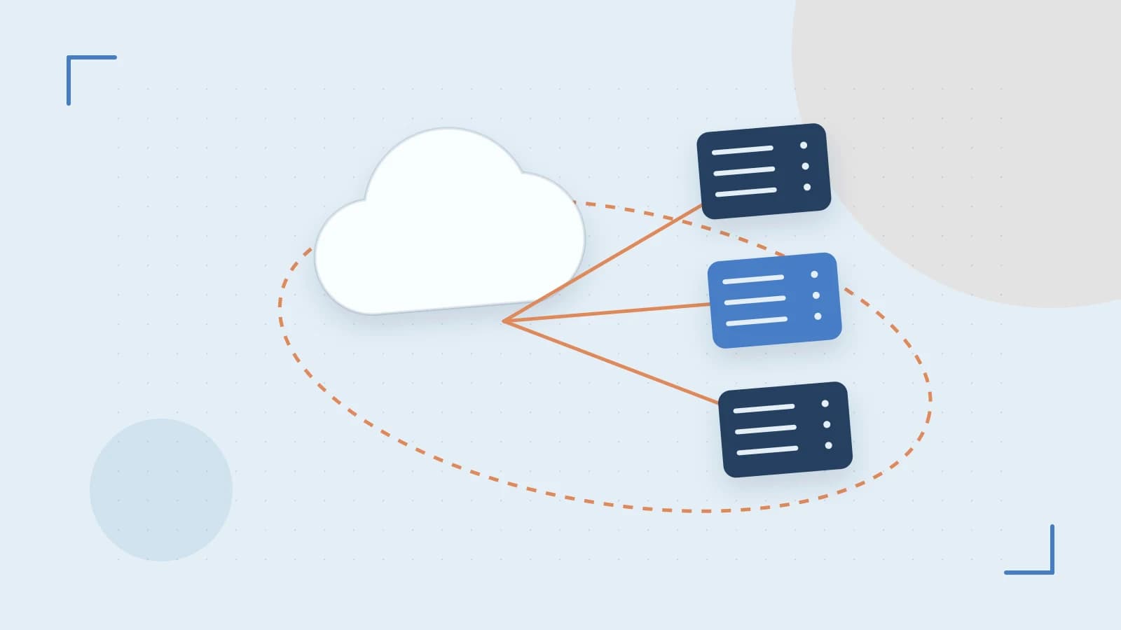 Editorial illustration of cloud infrastructure, connected server racks and an orbital service map