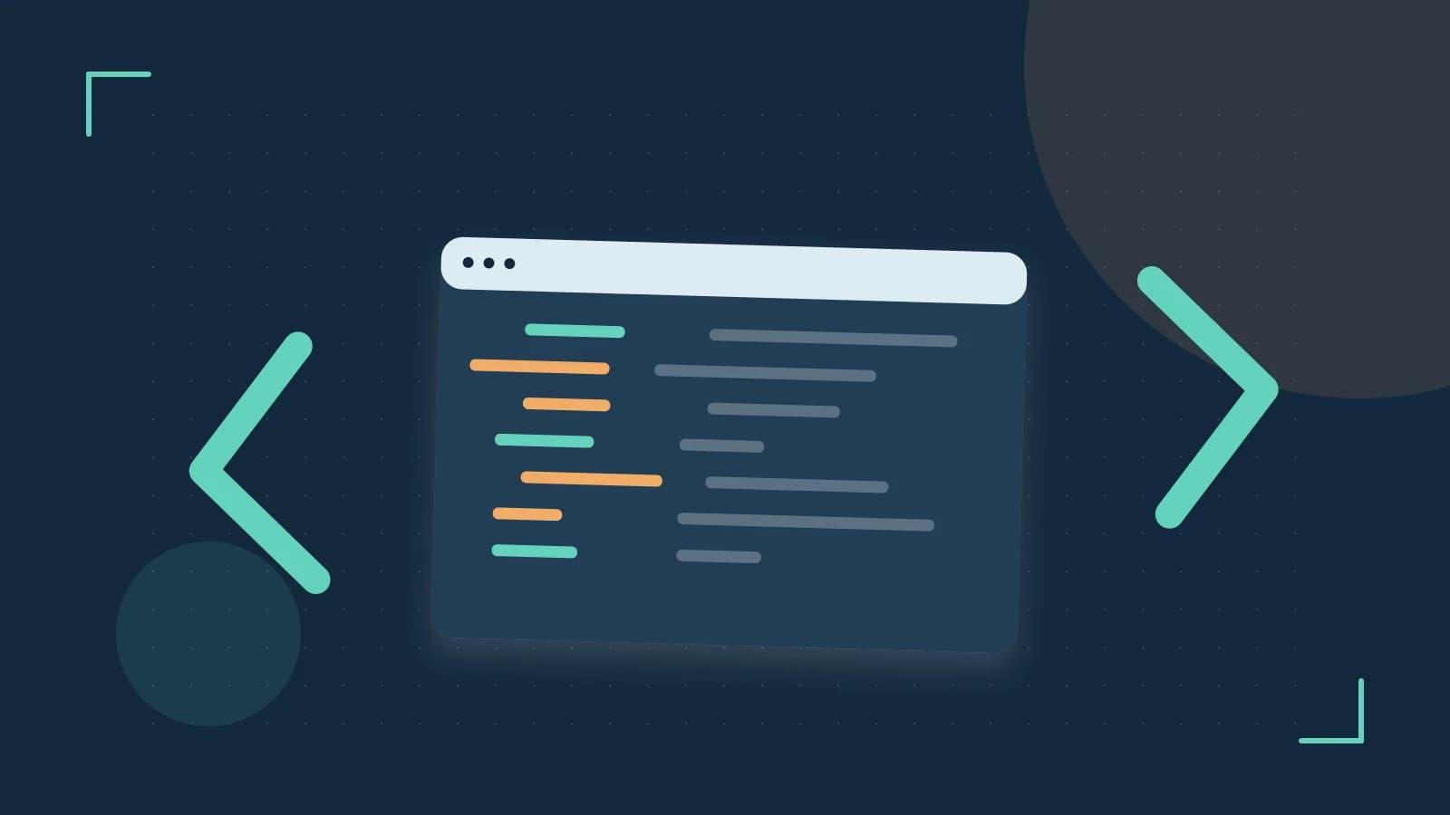Editorial illustration of an abstract code editor, syntax blocks and oversized programming brackets