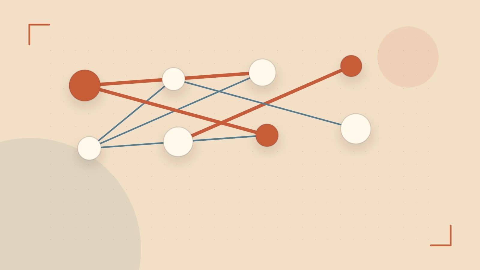 Editorial illustration of an algorithmic node graph with branching paths and a highlighted result